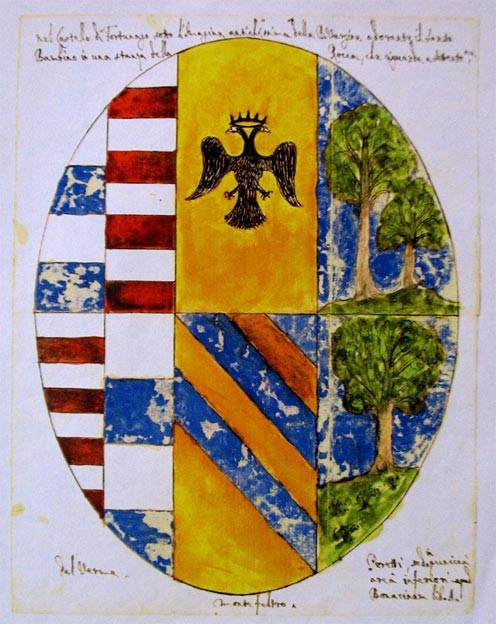 Dipinto raffigurante stemmi araldici conservato nella torre di Fortunago